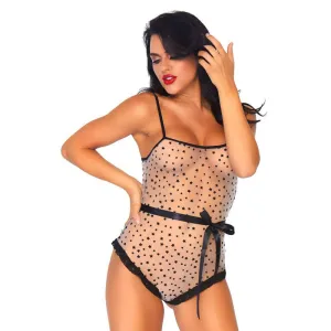 2 PC Lace trimmed sheer flocked star bodysuit with snap crotch and ribbon tie. Size M