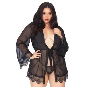 3 PC Sheer short robe with eyelash lace trim and flared sleeves. ribbon tie. and matching g-string. Packaging Hanging