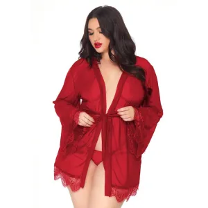 3 PC Sheer short robe with eyelash lace trim and flared sleeves. ribbon tie. and matching g-string. Packaging Hanging