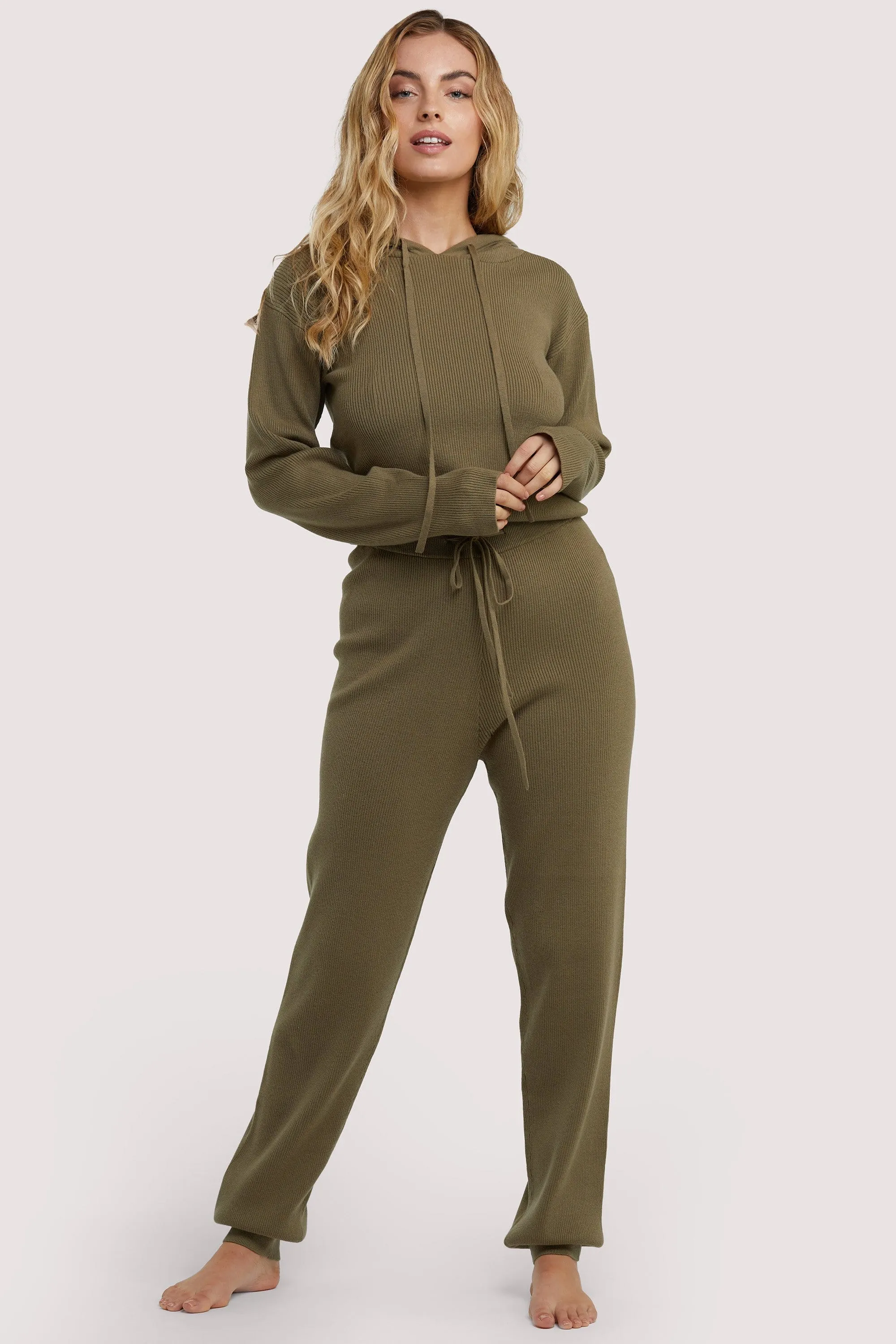 Lounge Khaki Knitted Rib Cropped Hoodie