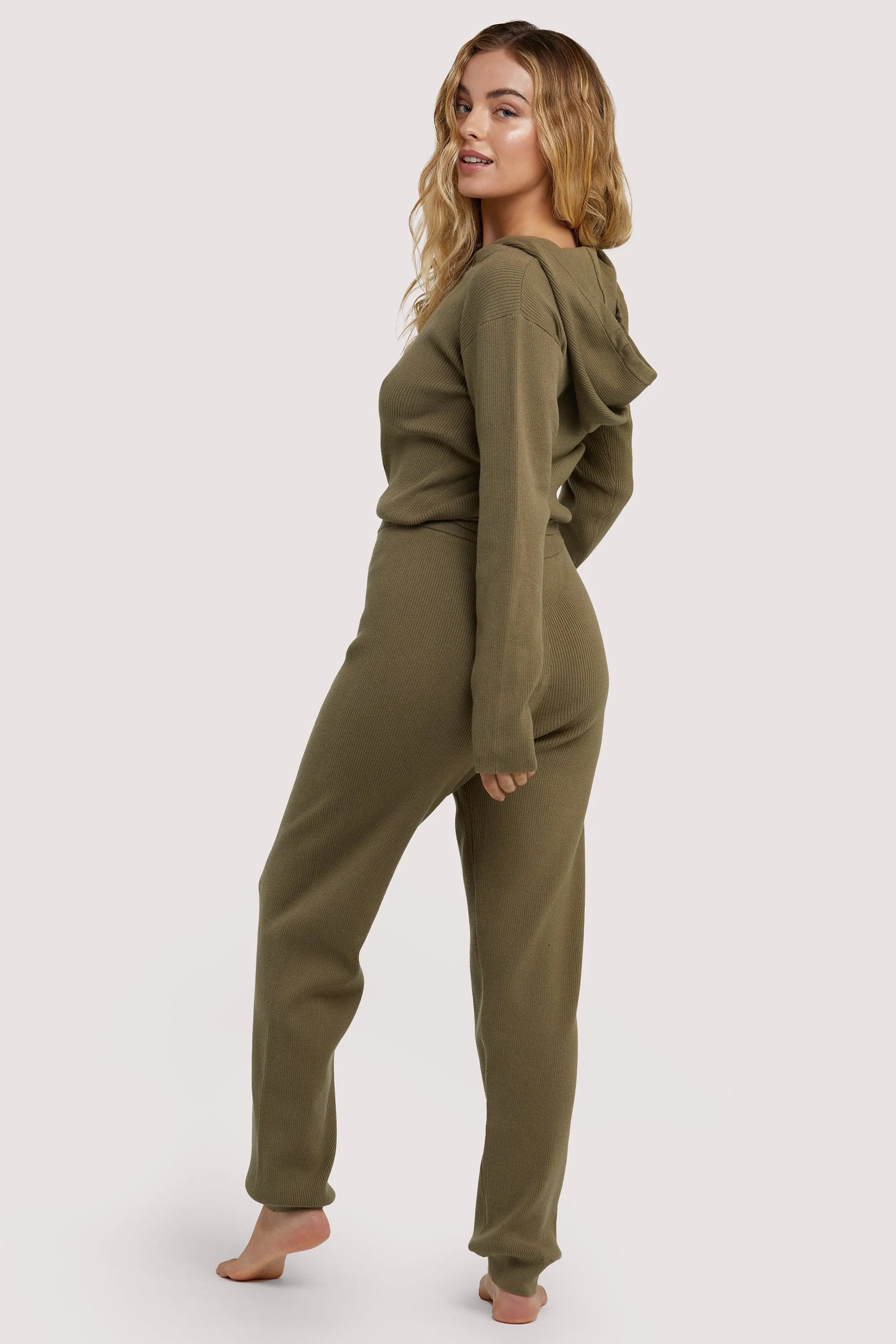 Lounge Khaki Knitted Rib Cropped Hoodie