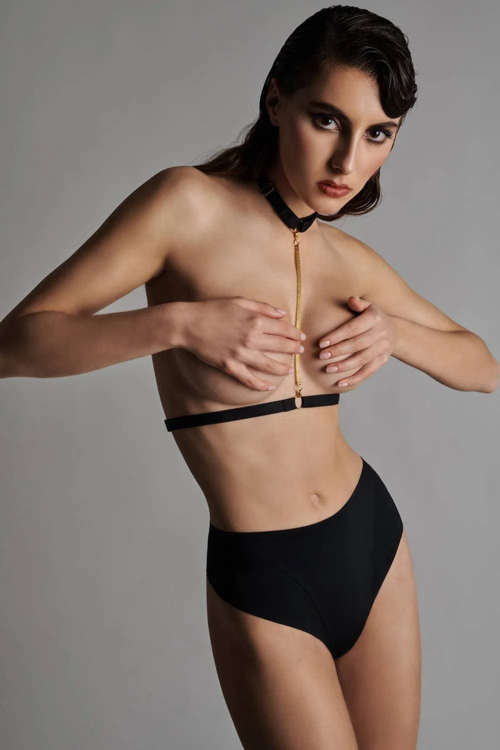 Tapage Nocturne Black High Waist Openable Thong With Cuffs