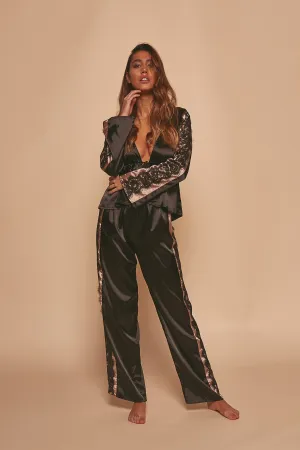 Wolf & Whistle Morgan Satin and lace tie front PJ set